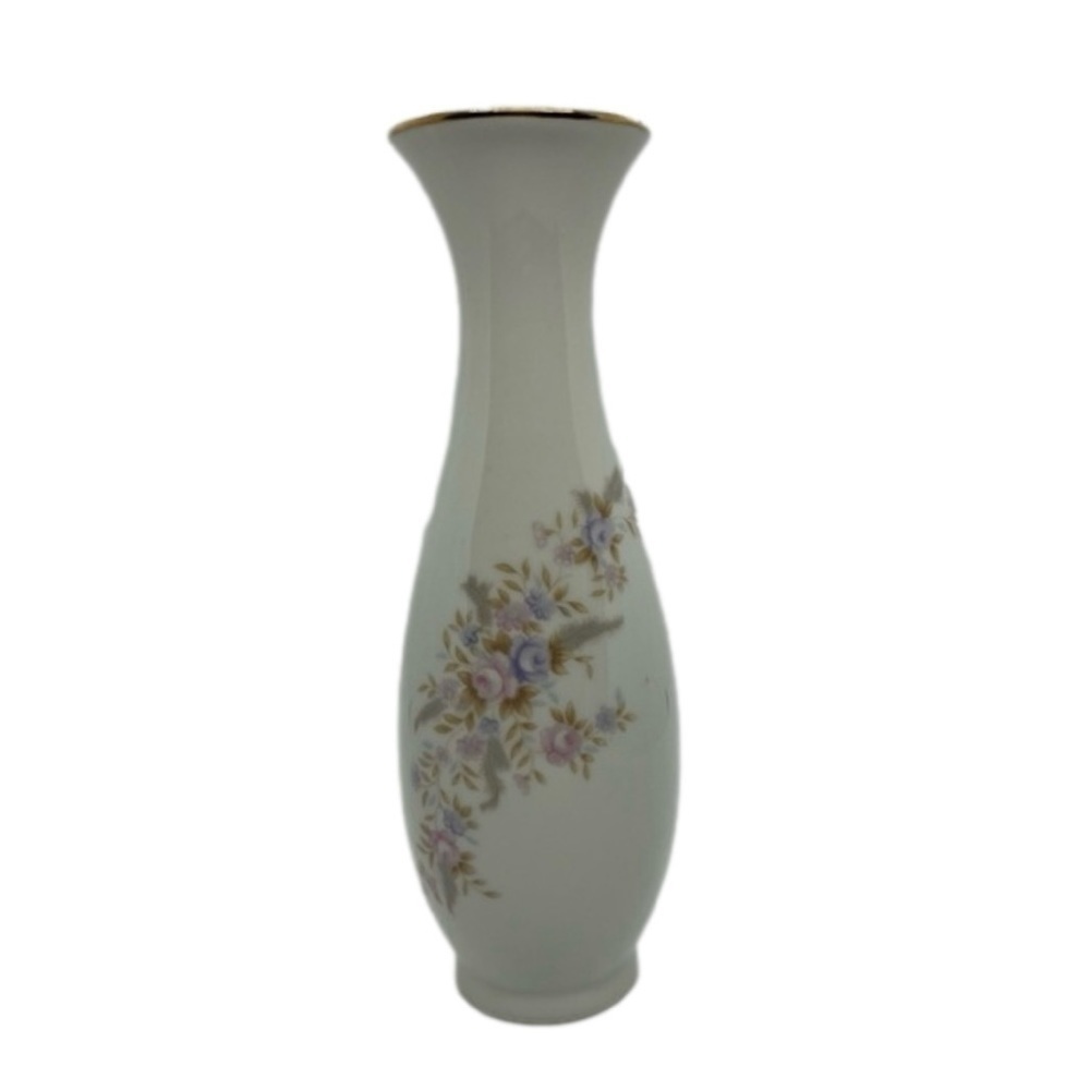 Lefton China Hand Painted Small Mouth Gold Trim 7” Floral Bud Vase #7053